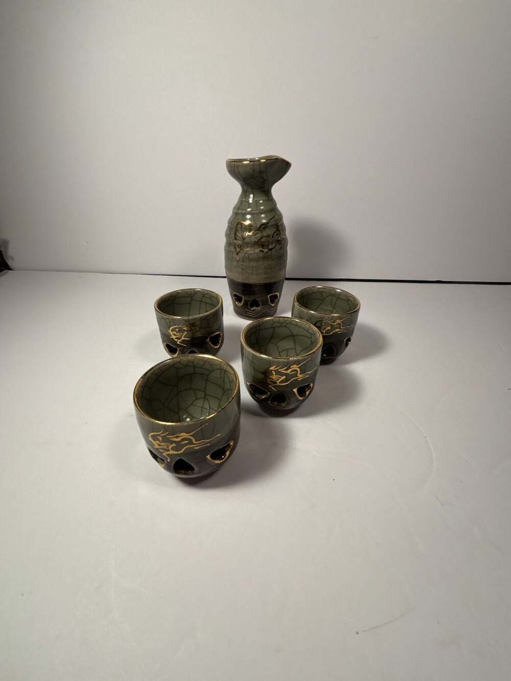Somayaki Saki Japan Crackleware Double Wall Gold Horse Heart Motif Set 5 Piece